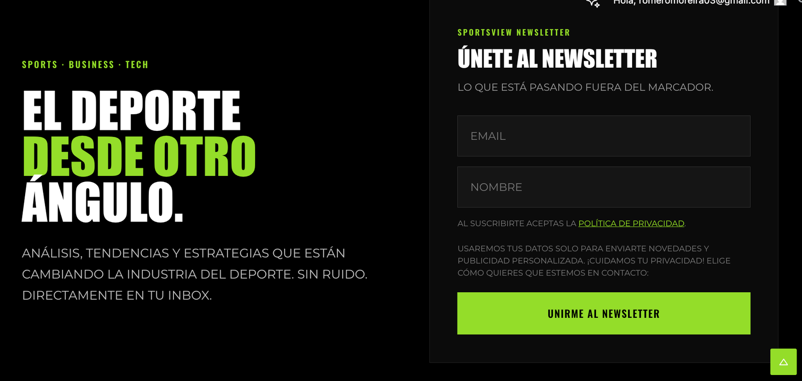 Formulario de suscripción al newsletter de SportsView: El deporte desde otro ángulo