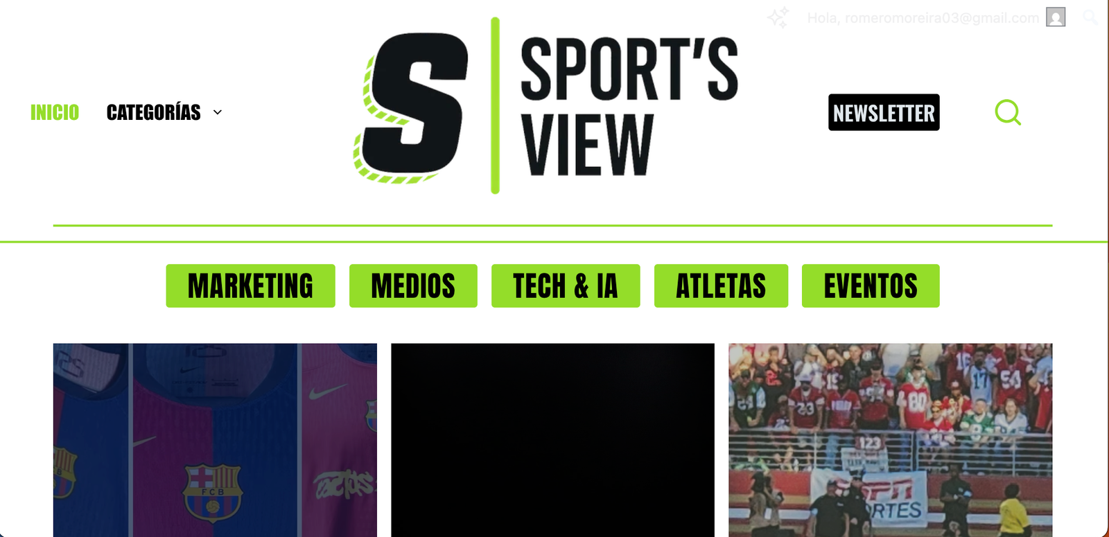 Página de inicio de SportsView con categorías Marketing, Medios, Tech e IA, Atletas y Eventos